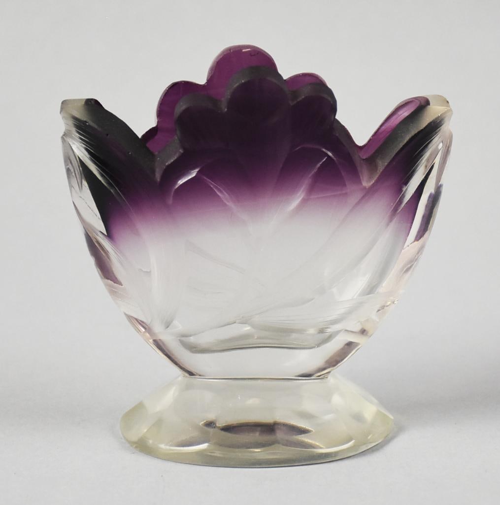 Vintage Bohemian Amethyst to Clear Art Glass Vase: Wonderful vintage art glass vase that appears Bohemian. Rich dark amethyst to clear, the outer vase appears cut to show leaves, flowers along the inside are possibly molded. No visible marks,
