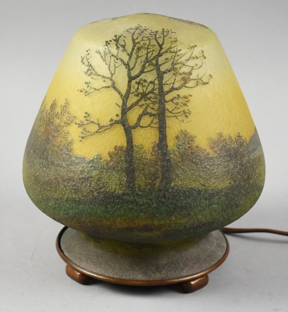 c1905 Handel 5327A Reverse Painted Landscape Lamp: Gorgeous antique lamp from Handel. The shade is reverse painted with a landscape inside, outer shade with chipped ice frosting technique giving a frosted effect. It is acid etched in the inner rim HAN