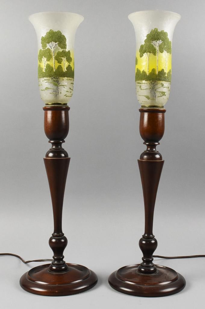 c1900 Pairpoint Ambero Chipped Ice Hurricane Lamps: These great lamps are from Pairpoint with what's known as chipped ice glass with a beautiful landscape theme in green and yellow on frosted glass. They have turned wood bases that appear to be walnut 