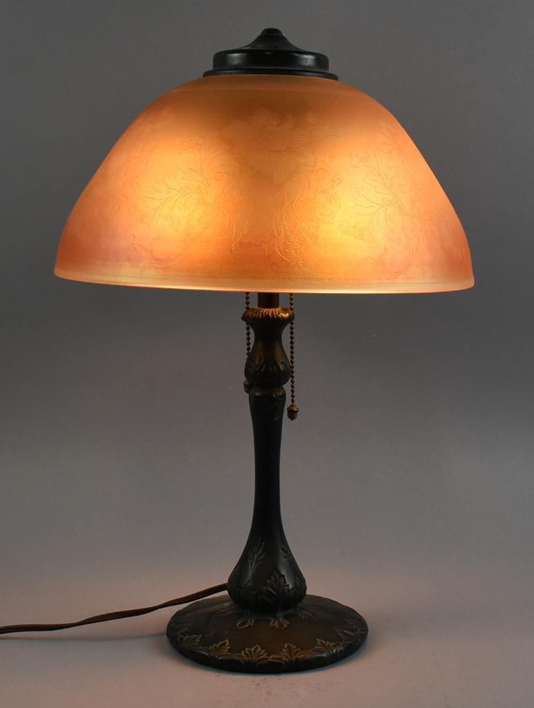 c1920 Art Nouveau Lamp, Domed Etched Brocade Shade: This is a gorgeous lamp that is Art Nouveau. It appears to be an early 1920 lamp with acid etched shade in amber glass. Flowers in a brocade pattern on the outside and a high shine inner shade. Stem