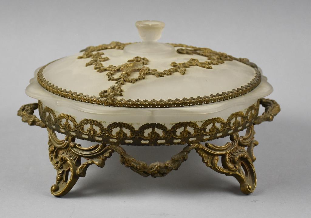 Vintage Rococo Revival Frosted Glass Ormolu Dresser Box: This great piece is a dresser box. It is in a Rococo Revival style. Frosted basin and lid, lid with bouquet vases, ribbon and flower swags. Rim of base with leaf and scrolls, feet with scroll and