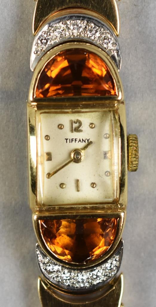 14k Concord for Tiffany & Co Wristwatch Citrine Diamond Accents: TIFFANY & CO. RETRO 14K GOLD, CITRINE & DIAMOND LADIES BRACELET WATCH, CONCORD MOVEMENT, CIRCA 1940s-1950s Exceptional vintage Tiffany & Co. ladies jewelry wristwatch dating to the Retro /