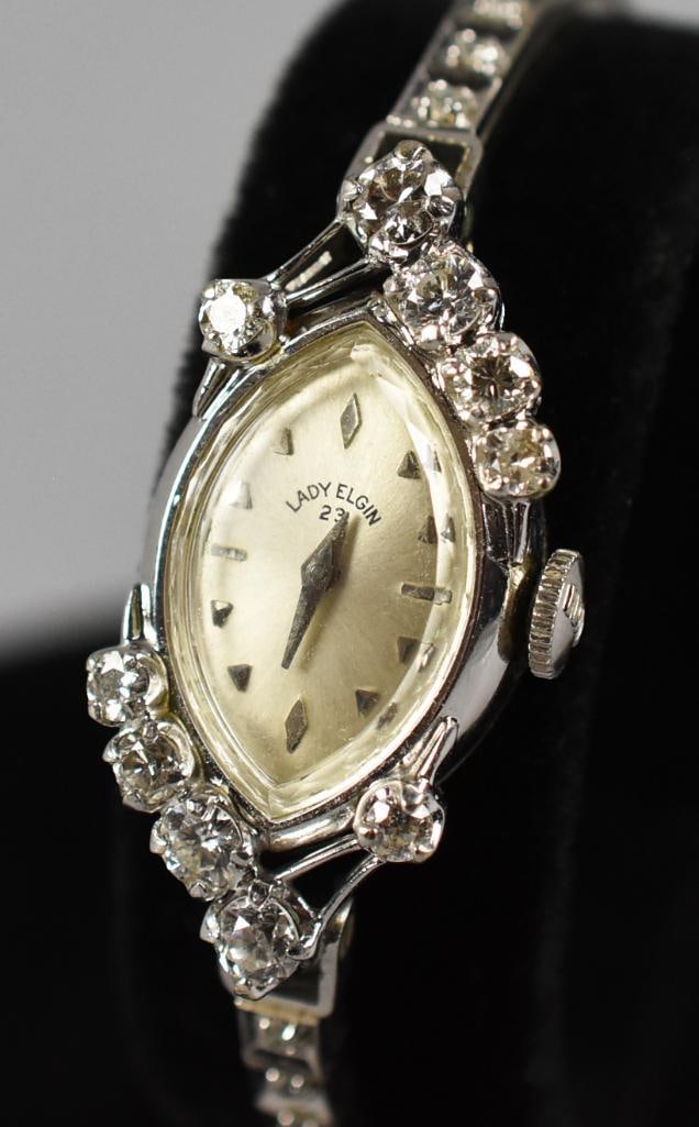 14k Lady Elgin 23 Jewel Diamond Watch: Lady Elgin 23 Diamond & 14K White Gold Ladies Cocktail Wristwatch, Approx. 1.80-2.00 CTTWElegant mid-century Lady Elgin “23” ladies cocktail wristwatch crafted in 14K white gold and