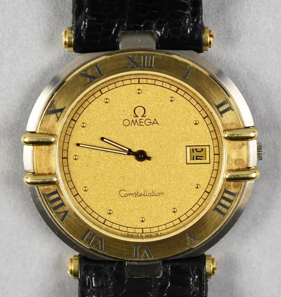 Vintage Omega Constellation Calendar Watch, Gold Tone: Beautiful vintage wrist watch from Omega. It is the Constellation calendar watch in gold tone with what appears to be a stainless back. This was a 20 year service watch for Guy Patterson from AMD,