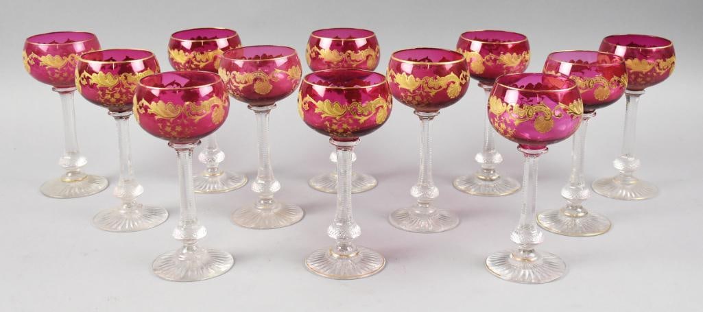 St Louis Crystal Massenet Ruby & Gold Hock Wine, Set of 12 (1 of 7)