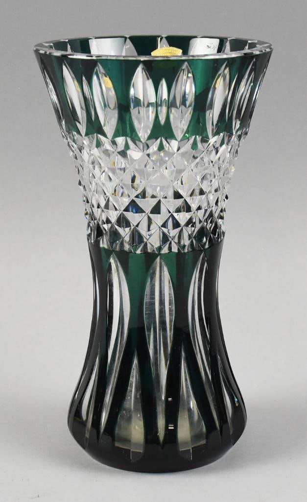 Val St. Lambert Green Cut to Clear Crystal Vase, Signed: Lovely vintage crystal vase from Val St. Lambert. Cased crystal with green and cut to clear, stretched at base. Hand engraved mark on bottom and retains original label. Stands approx. 10" tall.