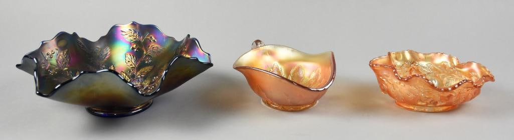 Antique Dugan and Fenton Carnival Glass Bowls: These great dishes include a Fenton Holly and Berry ruffle bowl - introduced c1910, a Dugan nappy in Leaf Rays - pattern ran from 1912-1931 and a Dugan small bowl in Many Fruits - discontinued c1911.?