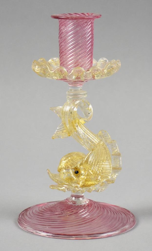 Vintage Murano Gold Fleck Dolphin Candle Holder: Gorgeous vintage Murano art glass attributed to Seguso. It is a stunning candle holder with twist pink holder and base with artistic dolphin stem, all with gold fleck. Stands approx. 8" tall.?From