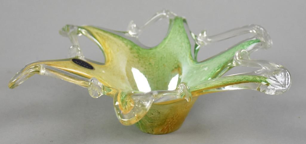 Vintage Murano Lavorazione Arte Glass Starfish Bowl: This is a beautiful bowl from Italy. It is a starfish form in a golden yellow and green with clear tips. Retains the original label, Murano Lavorazione Arte (Murano Artistic Craftsmanship). Measures