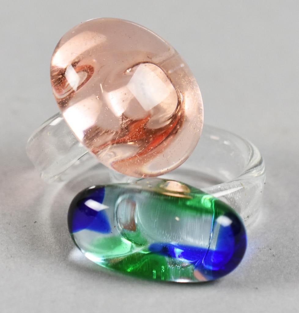 Vintage Italian Murano Blown Glass Rings: These lovely rings appear to be Italian Murano. They are blown, one pink and one blue, green and clear, both with clear bands.?