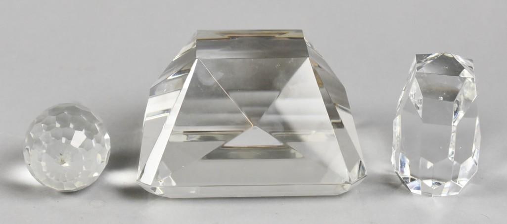 Vintage Cut Crystal Paperweights: Very pretty trio of vintage paperweights in cut crystal. One piece in the form of a square cut diamond. No visible marks, each stand approx. 3" tall.