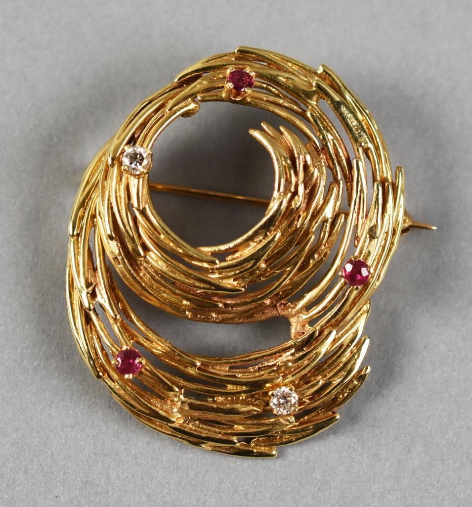 14k Gold Diamond & Ruby Abstract Brooch (1 of 5)