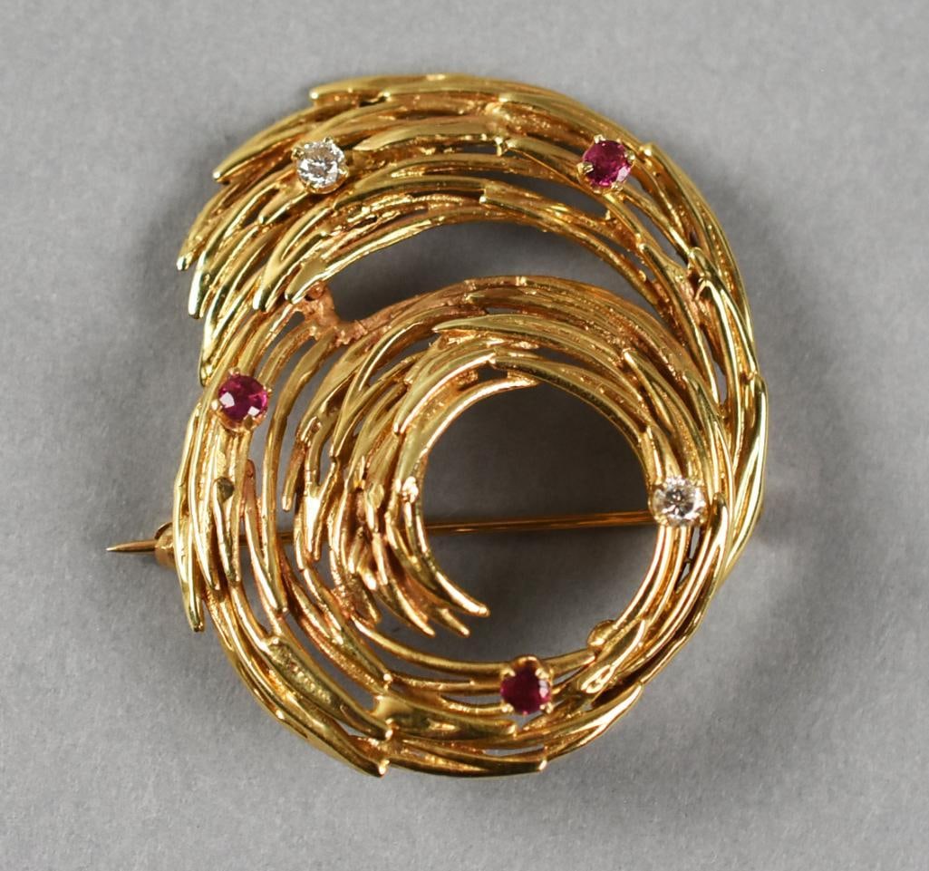14k Gold Diamond & Ruby Abstract Brooch - 3