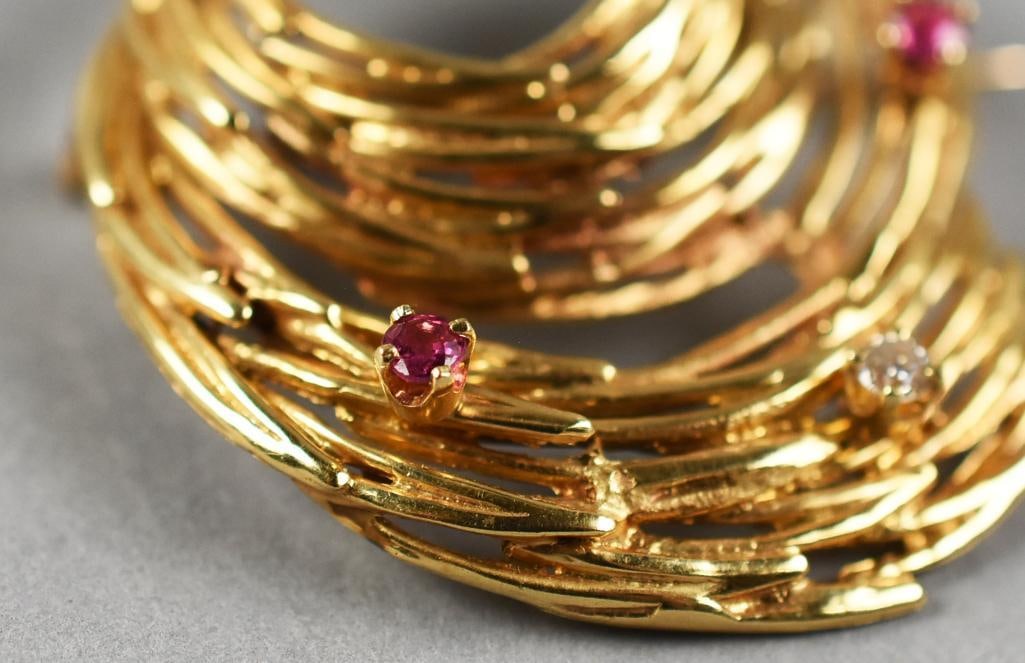 14k Gold Diamond & Ruby Abstract Brooch - 4