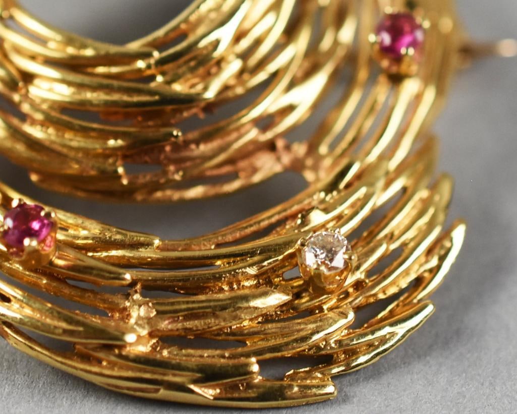 14k Gold Diamond & Ruby Abstract Brooch - 5