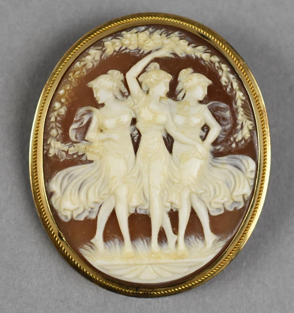 14k 3 Graces Shell Cameo Brooch Pendant: Gorgeous Victorian natural shell cameo with the 3 hand-carved Graces? ?set into a 14k yellow gold setting. Weight = 9g