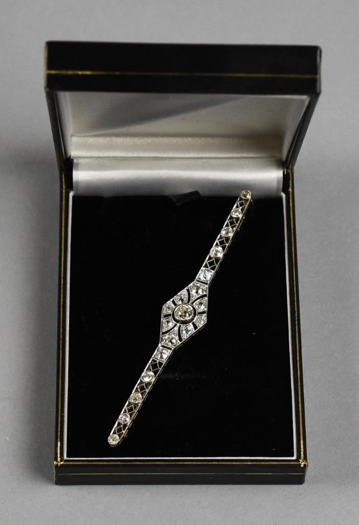Art Deco 18K White Gold 2.60 cttw Old Mine Diamond Bar Brooch: Art Deco 18K White Gold & 2.60 CTW Old Mine Cut Diamond Bar Brooch Stunning large Art Deco filigree bar brooch, circa 1920s–1930s, crafted in 18K white gold and set with 19 natural old mine cut diam