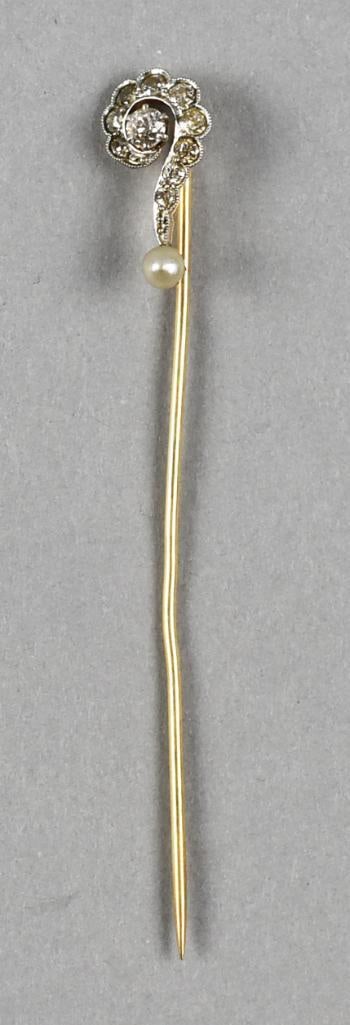 Antique 14K White Gold, Diamonds and Pearl Stick Pin: Wonderful antique stick pin in white gold. Question mark style design inset with round cut diamonds and a single pearl drop. No visible marks, tests as 14K. Overall approx. weight of 2.2 grams.