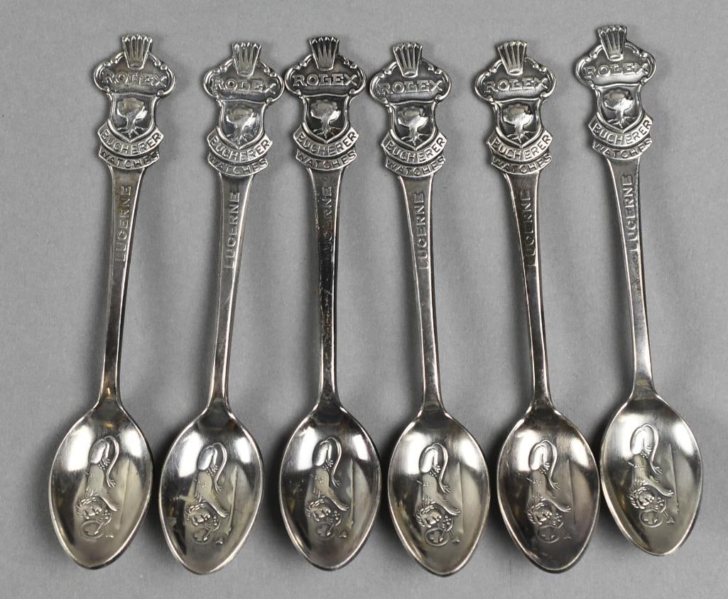 Rolex Bucherer Watches Swiss Promotional Spoons: Lot is for six cool teaspoons for advertising Rolex, Bucherer watches. Each with Lucerne on the handle. These were promotional pieces with notable locations in Switzerland.?They are silver plate and m