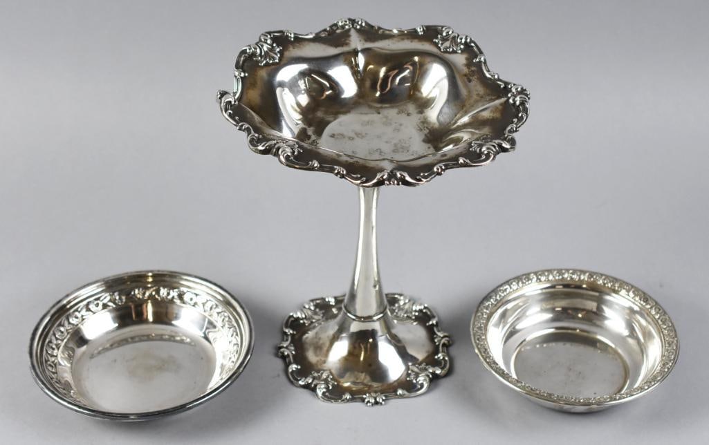 Vtg Whiting & Wallace Sterling, Reed & Barton Silver Plate: Beautiful sterling and silver plate tableware. Sterling silver pieces are a Wallace sterling bowl in the Spanish Lace pattern from 1964 and a Frank Whiting compote with acanthus leaf and scroll on rim