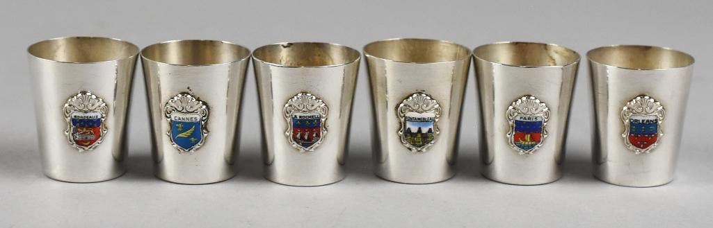 6 German Electroplate French City Shot Glasses: Fun collection of 6 metal shot glasses for cities in France. They are believed to be of German origin and electroplate over Britannia silver. Stamped on bottom EPB and stand approx. 1.5".