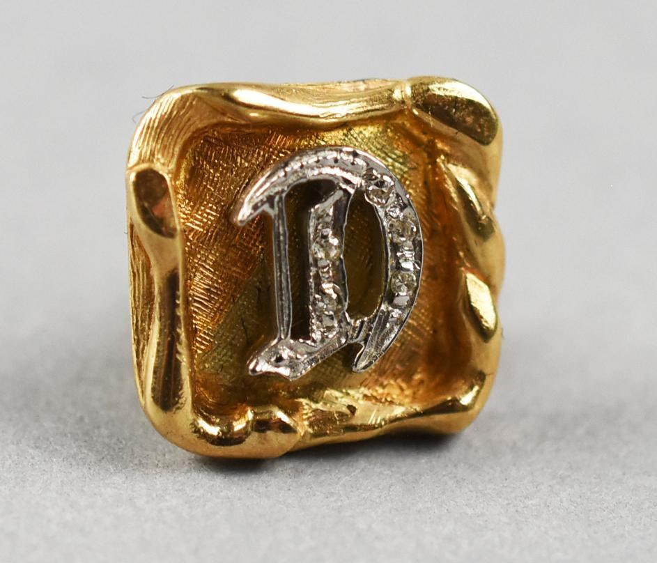 Vintage Deman-Klous 14K Diamond Monogram Tie Tack: This great piece is believed to be from Deman-Klous Mfg Co. It is a 14K yellow gold and diamond tie tack. The monogram is an Old English letter D with inlay of five round cut diamonds. Comes in what a