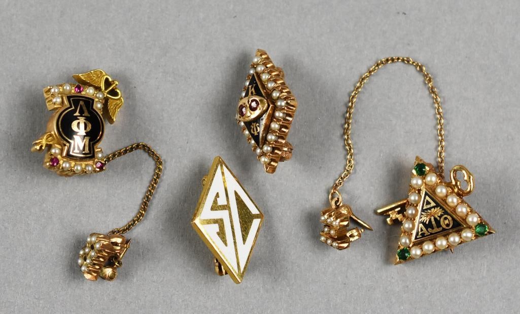 14K and Gemstone Sorority Pins Vintage: These cute pins include an Alpha Delta Theta with seed pearls and what appears to be emeralds belonging to YMC in (19)'19, Phi Mu with seed pearls and what appears to be rubies belonging to MAG, Kappa