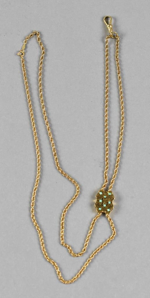 Victorian 14k Gold Pocket Watch Slide Chain Turquoise Accents: Antique 14k Gold Pocket Watch Slide Chain, slider has Turquoise Accents. Tag and bail are both marked 14k. Weight = 11.9g.