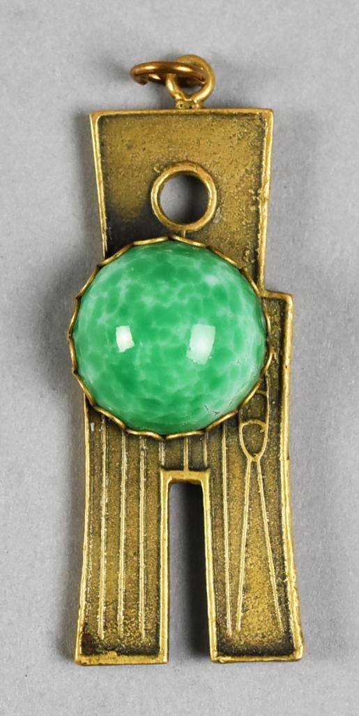 Joseff of Hollywood Asian Inspired Charm/Pendant Vintage: Very cool charm or pendant from Joseff of Hollywood. It is an Asian inspired design with a marbled green center stone that appears glass. All with a Russian gold plate. Signed on back. Purchased by th