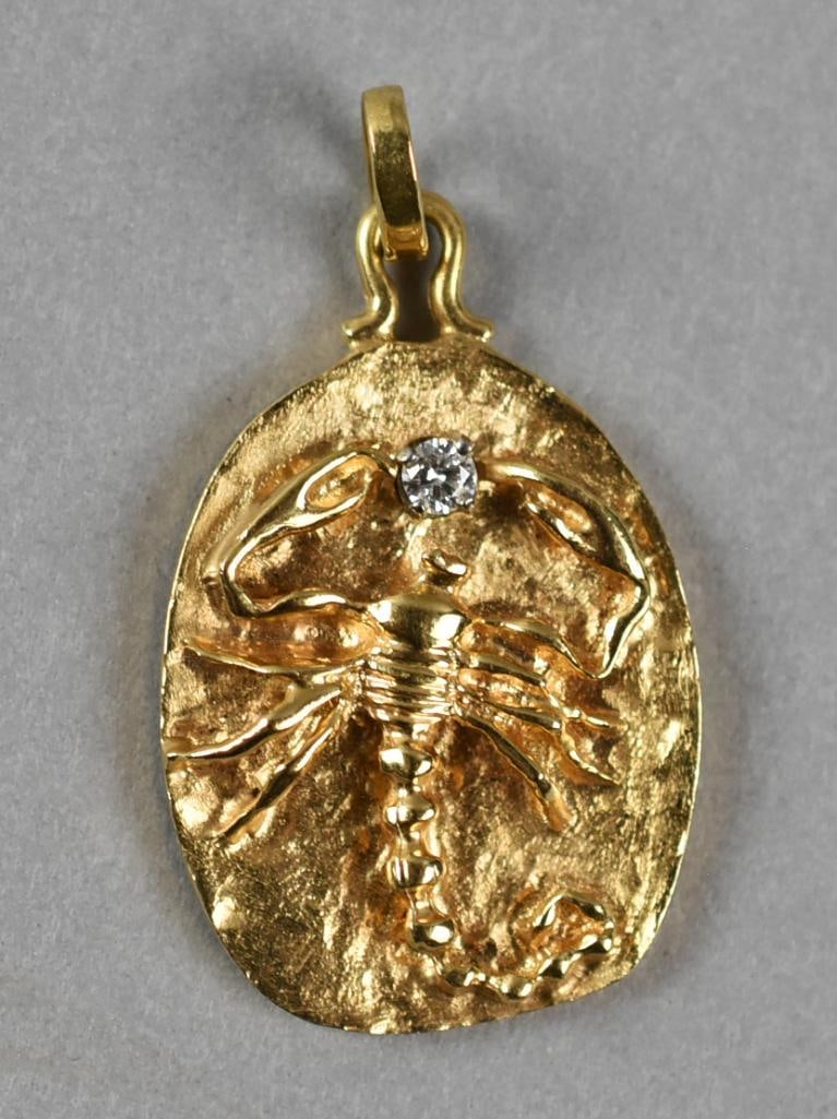 14k Gold & Diamond Scorpion Pendant: Here is a 14k yellow gold pendant with a scorpion figure that is reaching for the 1/16 ct diamond. Weight = 8.9g