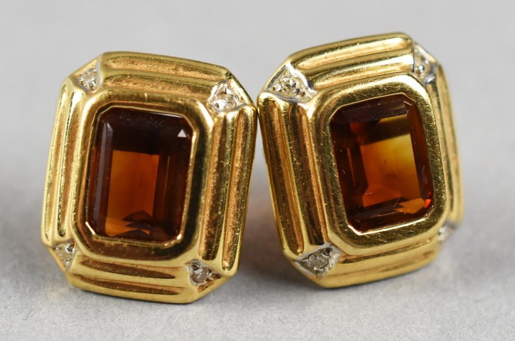 14k Gold Citrine & Diamond Earrings: Very nice pair of pierced 14k yellow gold chunky rectangular earrings set with deep golden orange Citrine stones with small diamonds on the corners. Weight = 5.8g