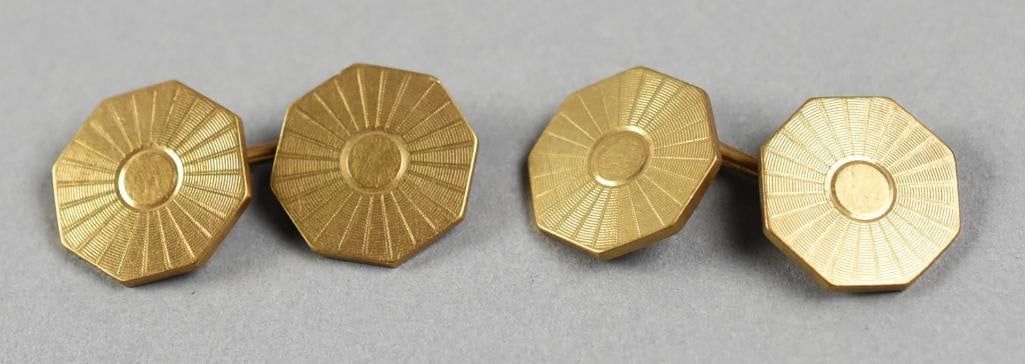 c1920 14K Yellow Gold Sunburst Cufflink Pair: Beautiful pair of antique cufflinks, appear to be from the 1920s. They are octagonal in shape with a sunburst design. Each is stamped 14K with what appears to be designer of CEG. Overall approx. weigh