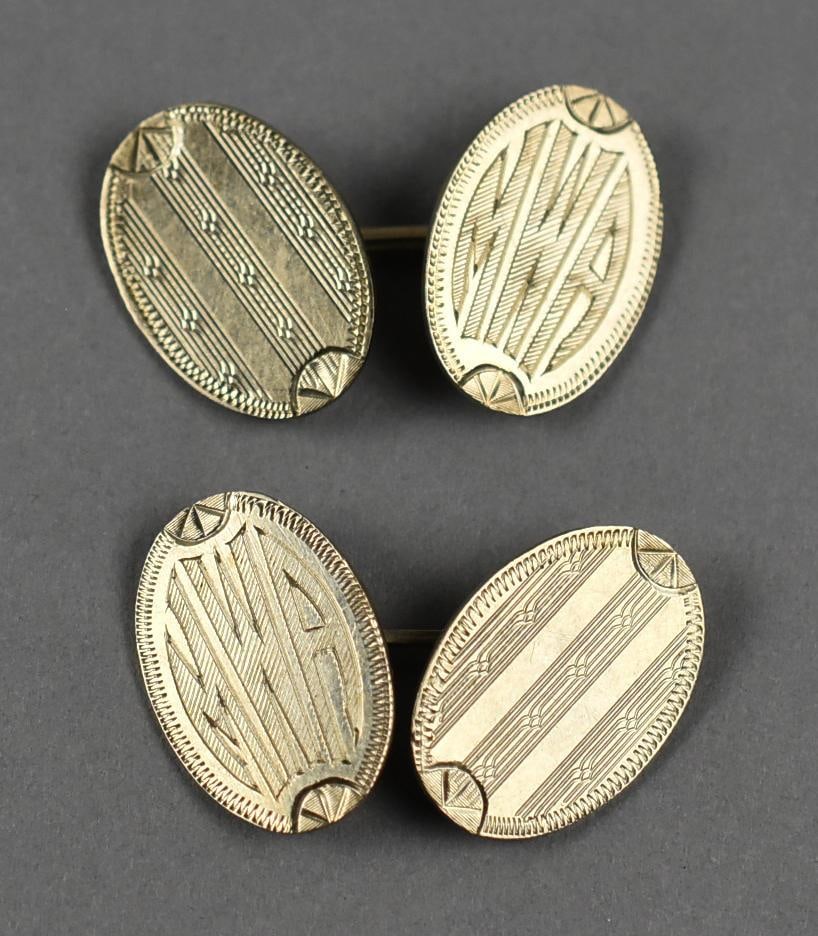 c1920 14K White Gold Monogrammed Cufflink Pair: Lovely pair of antique cufflinks in 14K white gold. They are a simple design of lines on one tab and a monogram of MWA on the other. They are stamped 14K on back with no other visible marks. Overall a