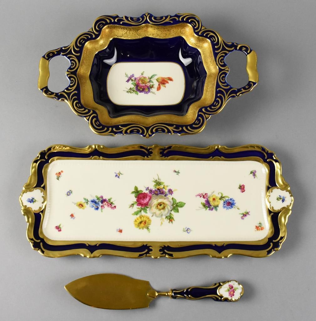 Vintage Lindner Bavaria Porcelain Tray, Bowl & Pie Server: Beautiful collection of Lindner Bavaria porcelain. Pieces are a rich cobalt with floral motif and heavy gold gilt scrolls. Both bowl and tray are marked, pie server has no visible marks.?
