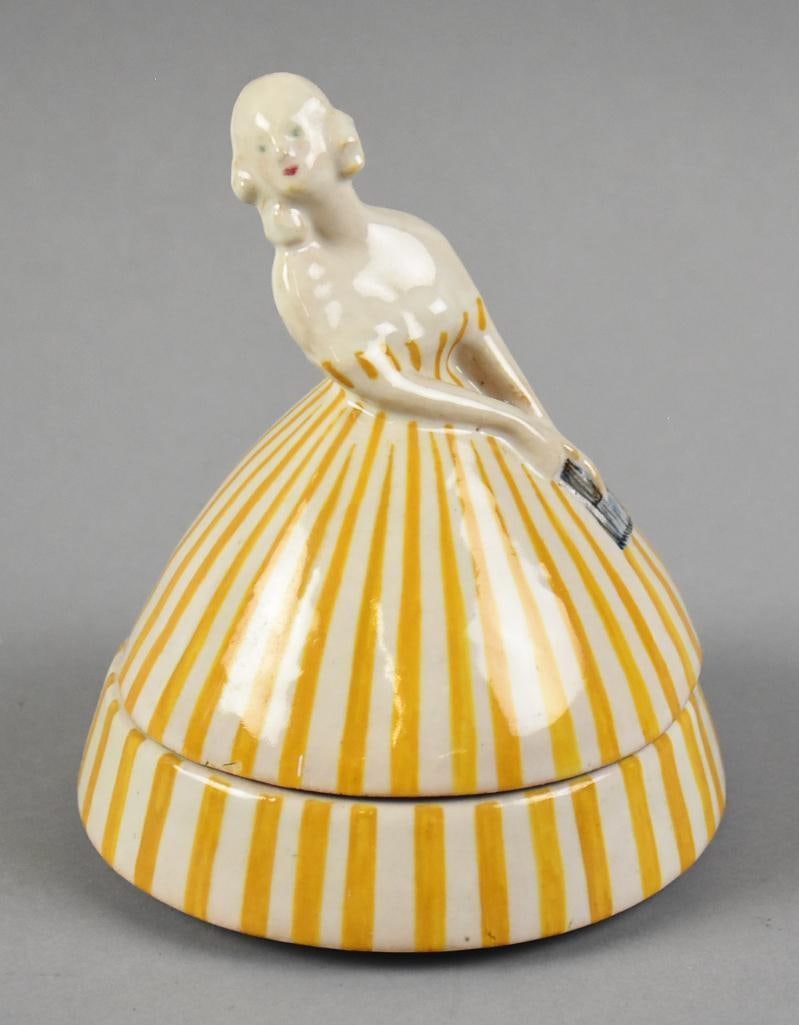 c1920 Zoli-Melandri Faenza Porcelain Belle Dresser Box: This is a gorgeous antique porcelain dresser box. She is in the form of a belle with her hoop style skirt being the box lid. It is marked on the bottom with the circle and squiggle marks of
