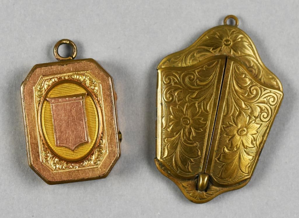 Victorian Gold Filled Photo Lockets: This is a gorgeous pair of Victorian lockets. They both appear gold filled. One with shield on front and is ready for a monogram, the other with engraved flowers. No visible marks.