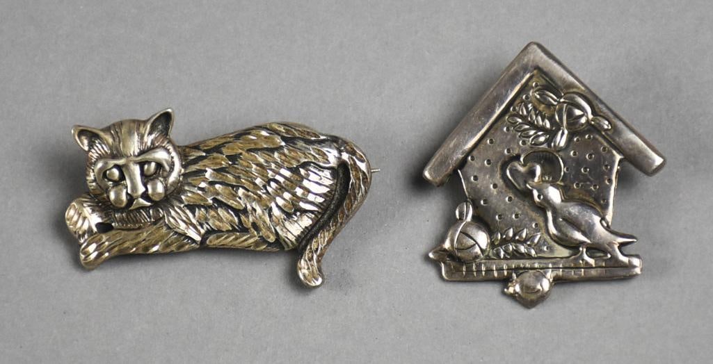 Vintage Sterling Silver Cat and Birdhouse Brooches: Sweet pair of brooches, both in sterling silver. The cat is designer signed and the birdhouse is from Mexico. From the estate of a collector of excellent and eclectic antiques.
