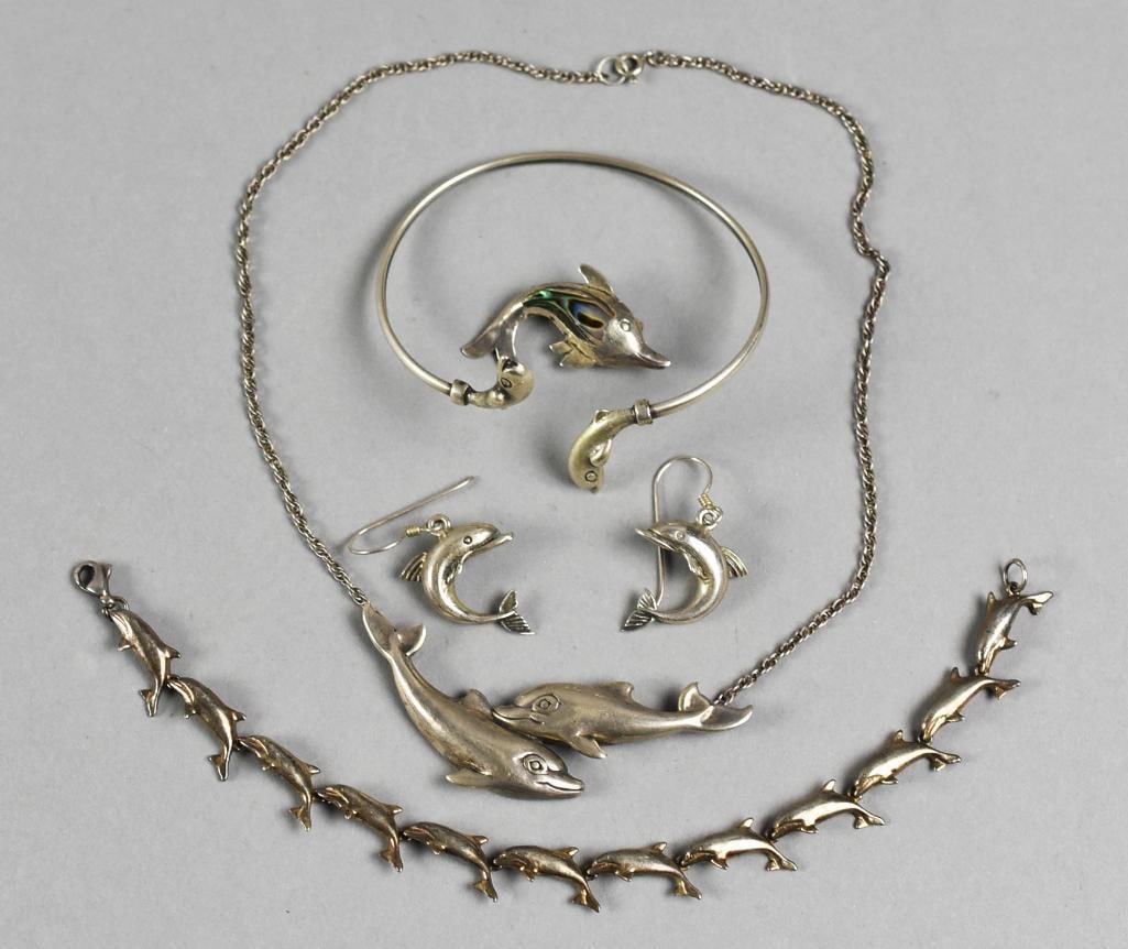 Dolphin Jewelry Sterling Group: Love dolphins? Here is a great set of sterling jewelry all with dolphin decorations. A few of the pieces are Mexican but most is marked .925 or sterling.