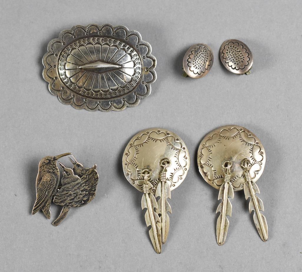 Native American Sterling Jewelry Lot Sabawy: Here are a few more trinkets to add to your Southwest jewelry collection. There are 2 sets of clip-on?earrings and 2 brooches. The Bird brooch is by famous Zuni artist, Henry Sabawy (Sabawe). All toge