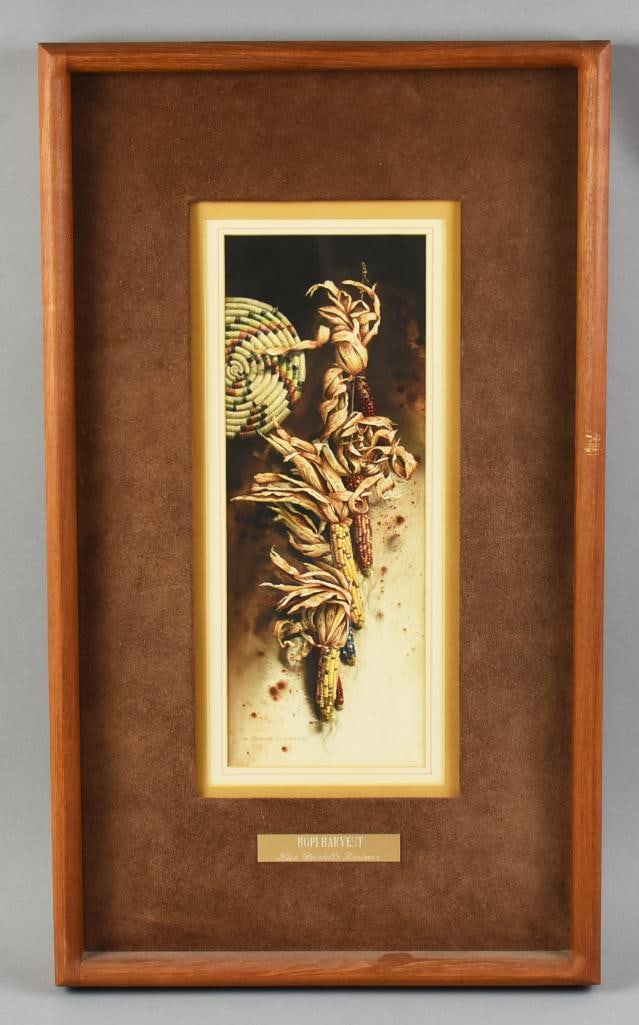 Lisa Danielle Lorimer (20th C) Hopi Harvest Watercolor: This beautiful piece is from listed artist Lisa Danielle Lorimer (20th century). It is called Hopi Harvest. It is hanging corn cobs with a woven coil. Painting is signed in the lower left corner and w