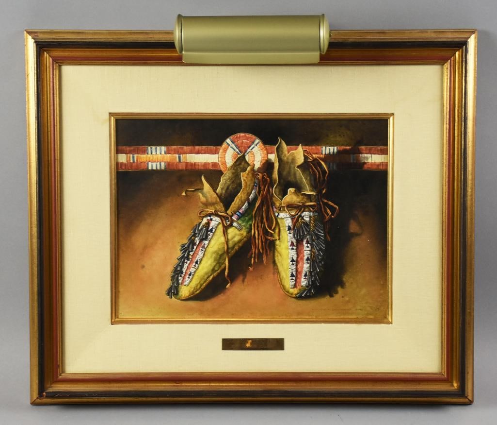 Lisa Danielle Lorimer (20th C) Southern Plains Pair Watercolor: This terrific piece is from California artist Lisa Danielle Lorimer (20th). It is called Southern Plains Pair and features beaded buckskin mocassins. Artist bio on back, visual image measures approx. 