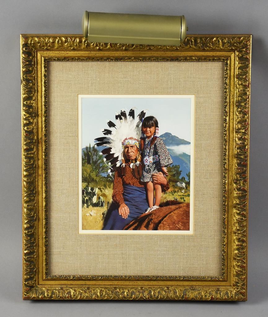 Don Crowley (1926-2019) Egg Tempera Study for Generations: Very pretty piece from California artist Don V (Donald) Crowley. It is identified as egg tempera and identified on back by the artist as "Color Study for 'Generations'". It features a Native American 