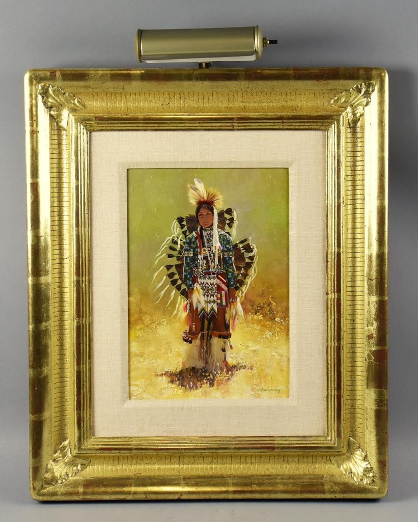 Don Crowley (1926-2019) Paiute Dancer Oil on Canvas: Wonderful painting from California artist Don V (Donald) Crowley (1926-2019). Appears to be an oil on canvas with a Native American, titles "Paiute Dancer". It is signed in the lower right corner and 