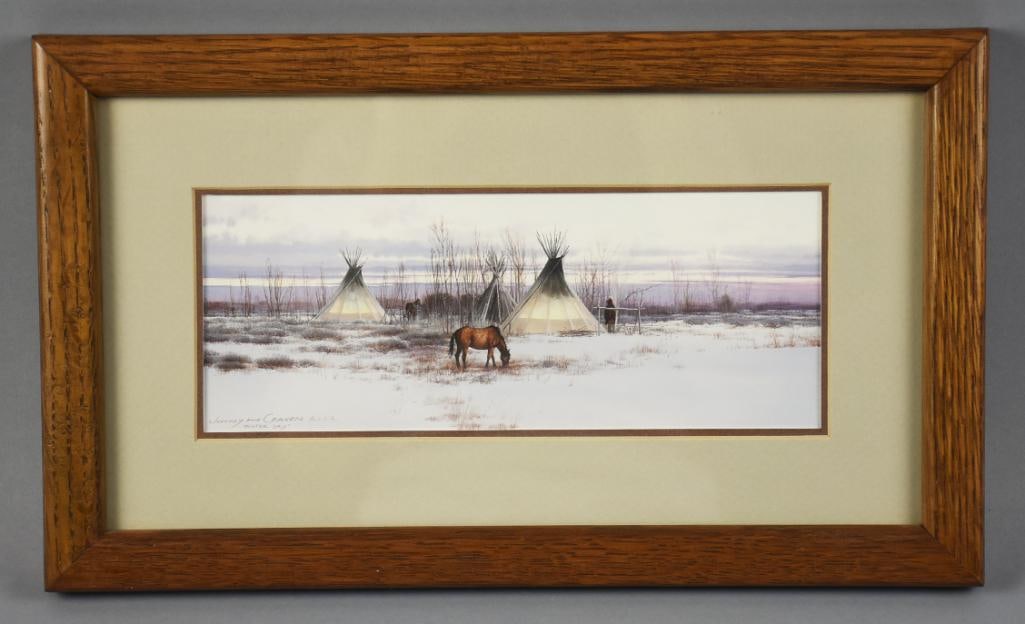 Jeffrey H. Craven (b1950) Winter Sky Watercolor: Gorgeous watercolor painting from Idaho artist Jeffrey H. Craven (b1950). Winter scene with Native American tents and a horse grazing. It is called "Winter Sky". It was purchased directly from the