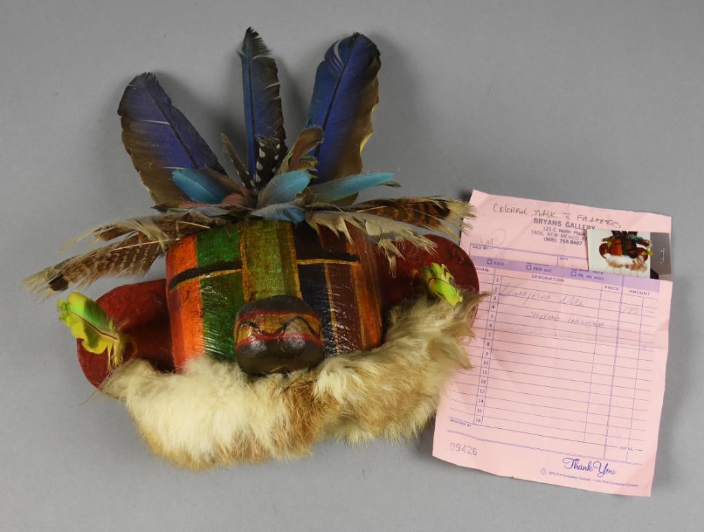 Gregory Lomayesva Folk Art Carved Wood, Feather Mask: Very cool piece of art from contemporary artist Gregory Lomayesva who is of Hispanic and Hopi heritage. It is a carved wood mask painted is rich primary colors with colorful feathers and fur trim.