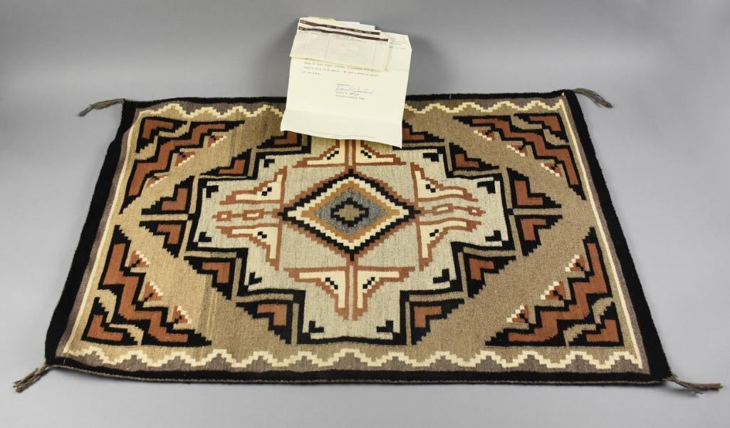 Vintage Mae Begay Navajo Two Grey Hills Tapestry Rug, LOA: This is a gorgeous Navajo tapestry rug woven by artist Mae Begay. It is the Two Grey Hills. Appears to have a dream catcher design in the center with other cool geometric details. This rug includes a 