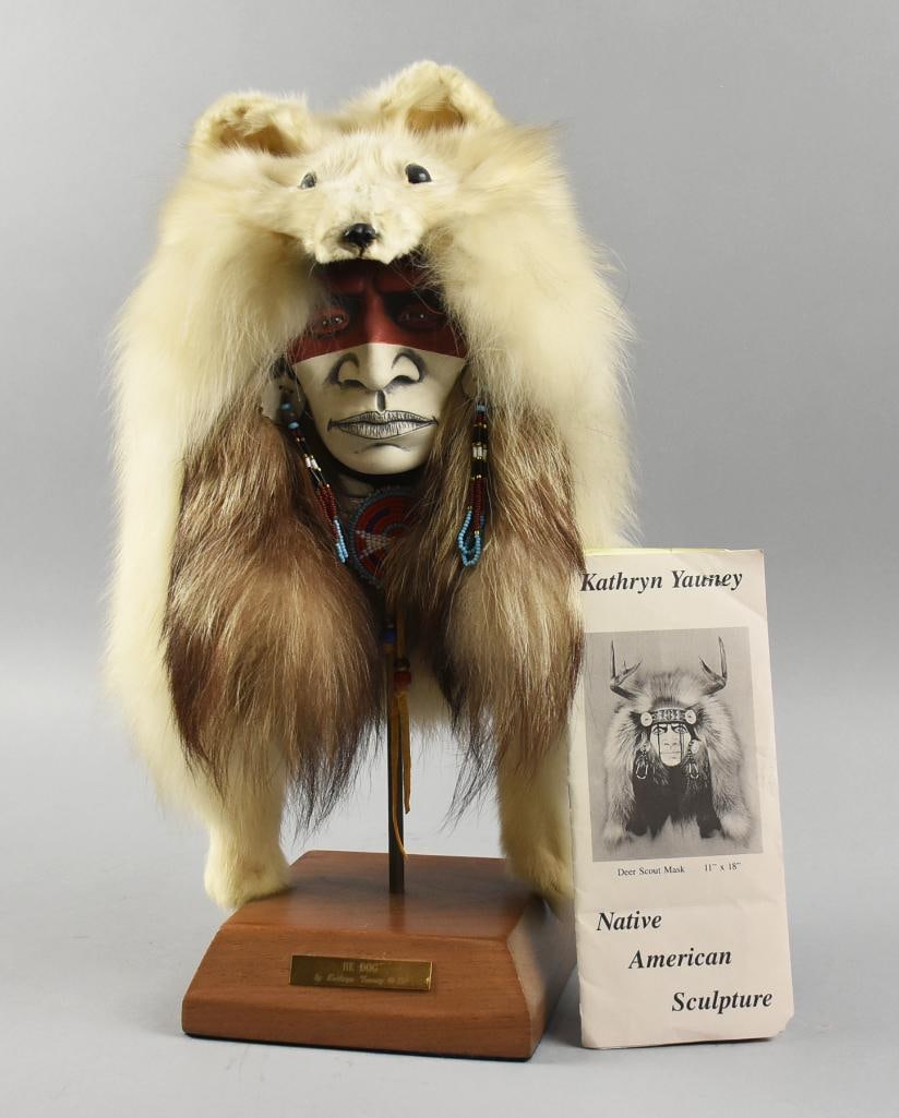 Kathryn Yauney Mask He Dog Spirit 1989: Very cool piece from Plains Indian artist Kathryn Yauney. It is a spirit mask called He Dog created in 1989. Piece has been created using South Dakota clay, fur, feathers, beads and other natural mate