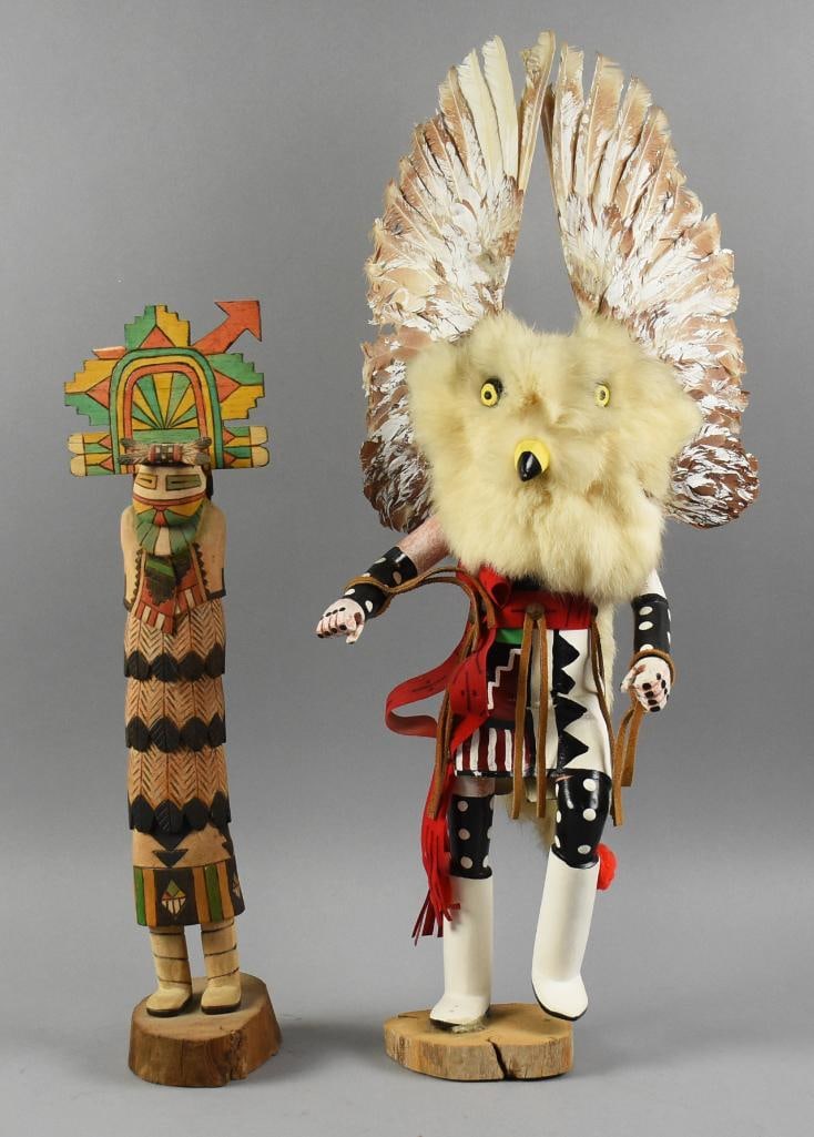 1980s-1990s Artist Signed Kachina Dolls, Shalako & Owl: These are very cool pieces of Hopi art in a pair of Kachina dolls. The owl is dated 4-5.87 and signed Donahue. He stands approx. 25" tall. Shalako, a powerful messenger spirit, signed Gai-nah-ne, sign