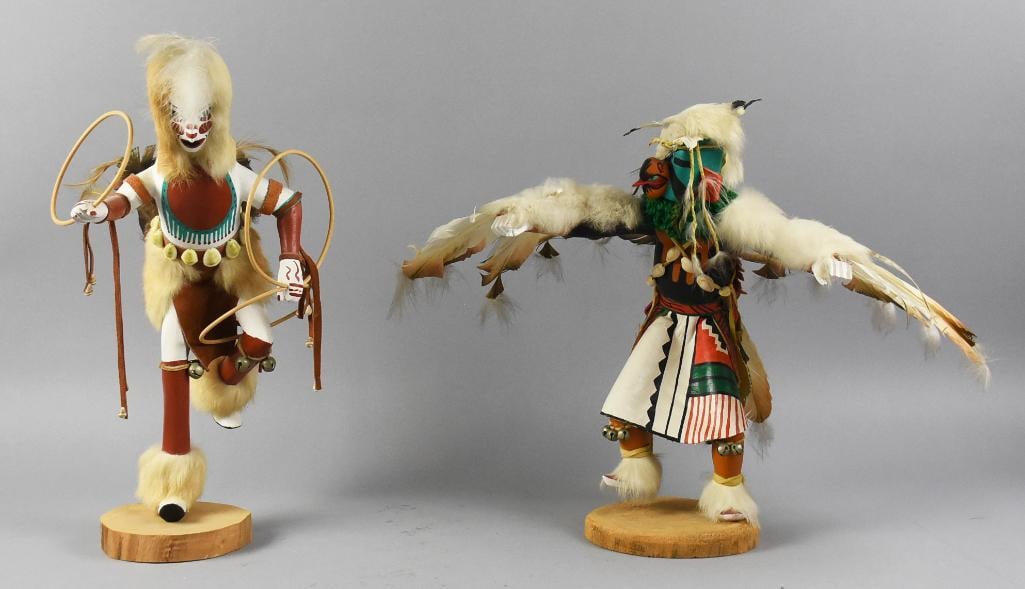 Pair Vintage Hopi Kachina Dancers, Signed: Wonderful pair of Hopi kachina dolls, both are signed by the artist. They include the Hoop Dancer from A. McB - a mid 20th century Kachina artist. Stands approx. 16" tall. One is Eagl (sic) Dancer, si