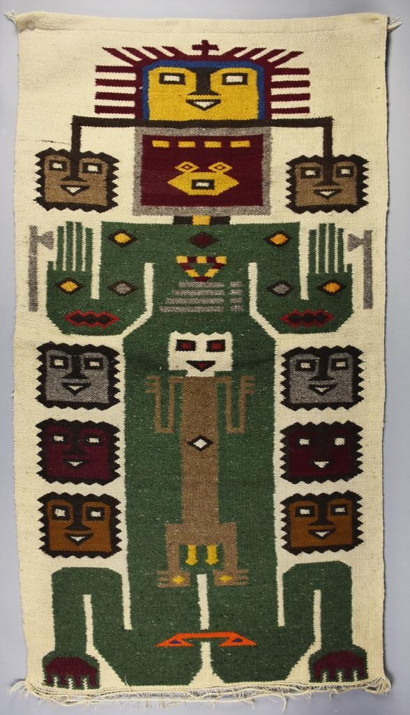 Vintage Ecuadorian Sun God Hand Crafted Tapestry: This beautiful piece appears to be of Ecuadorian or Mexican origin. The design is Aztec with who is believed to be a Sun God with multiple additional faces. It appears to be hand crafted and sewn. Ove